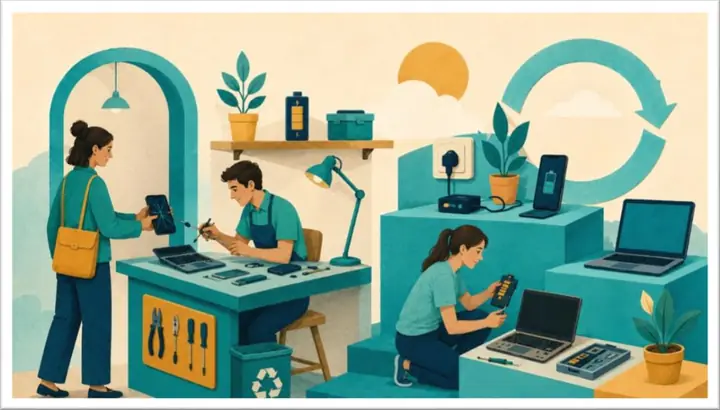 Ilustración: un taller de reparación con herramientas, repuestos y equipos abiertos sobre la mesa; alrededor, teléfonos y notebooks esperando arreglo.