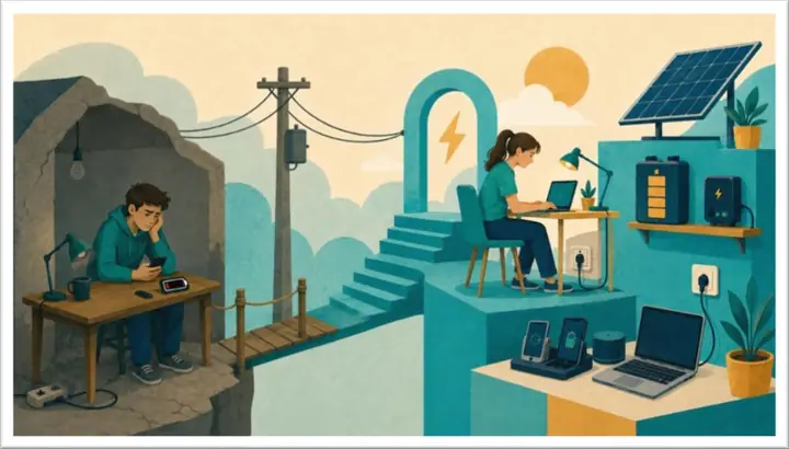 Ilustración: a la izquierda, alguien con un teléfono en un cuarto oscuro bajo una lámpara colgante; a la derecha, un escritorio iluminado con panel solar, batería cargada y buena luz.