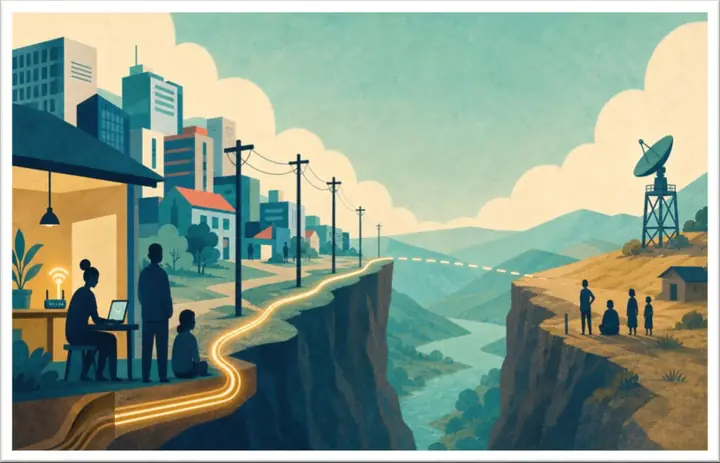Ilustración: una ciudad conectada por cables de luz a un lado de un cañón profundo; del otro lado, un caserío rural con una antena satelital y un grupo de personas mirando hacia la ciudad.
