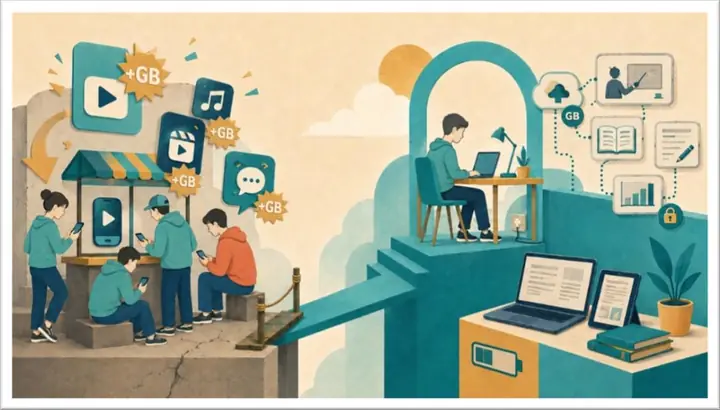 Ilustración: un puesto que regala video, música y mensajería con carteles de «+GB», rodeado de gente joven; enfrente, un escritorio donde estudiar y trabajar sí consume datos.