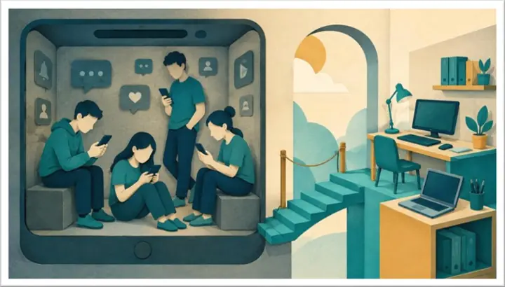 Ilustración: varias personas encerradas dentro de la silueta gigante de un teléfono, cada una con su propia pantalla; al lado, un escritorio con computadora vacío y esperando.