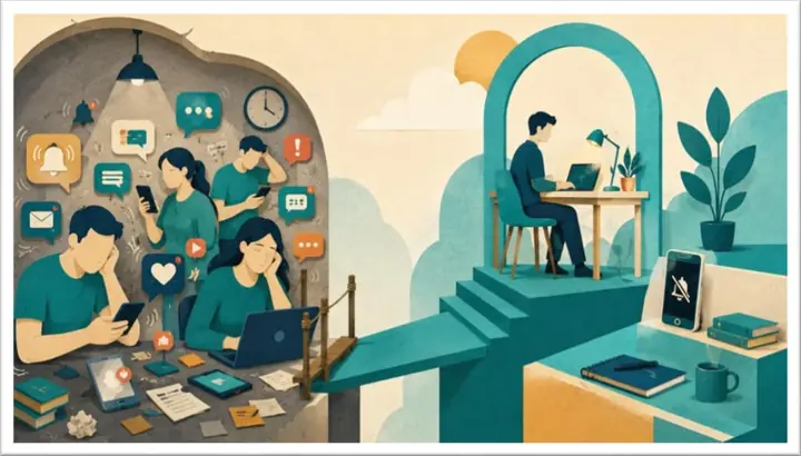Ilustración: un grupo apretado bajo una lámpara, rodeado de notificaciones, alarmas y burbujas de chat que estallan alrededor; enfrente, alguien trabaja solo, con el teléfono en silencio y la pantalla apagada al costado.