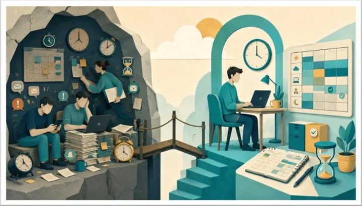 Ilustración: personas amontonadas entre relojes, papeles y despertadores en una cueva; del otro lado del puente, alguien trabaja tranquilo bajo un reloj y un calendario ordenado.