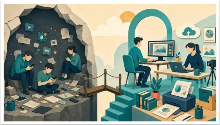 Ilustración: en una cueva, varias personas miran videos en sus teléfonos entre papeles tirados; al otro lado del puente, dos trabajan con monitor, cámara e impresora produciendo material propio.