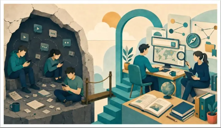 Ilustración: en la penumbra, varias personas reciben pasivamente lo que la pantalla les ofrece; enfrente, dos exploran un mapa, un buscador y una brújula sobre un escritorio con libros abiertos.