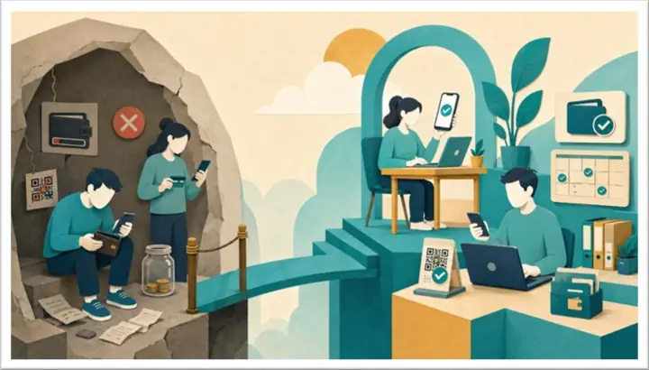 Ilustración: a la izquierda, una billetera vacía tachada y dos personas mirando el teléfono con un frasco de monedas; a la derecha, alguien trabaja con la versión completa, todo verificado y en verde.